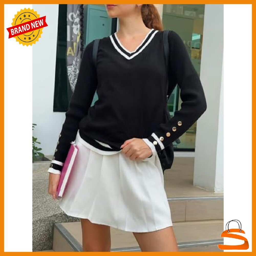 Ribbed Knit V-Neck Pullover Sweater with Button Cuffs - Lightweight Long Sleeve - Picture 4 of 8